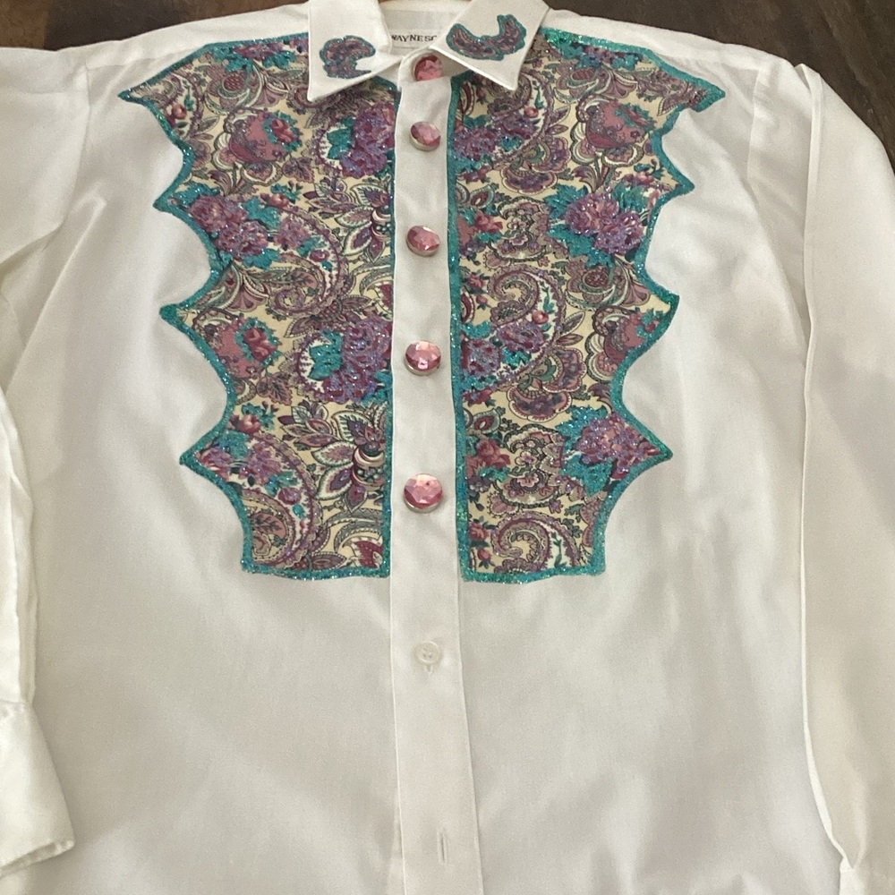 White Button-Down Shirt with Floral Paisley Panel and Pink Buttons